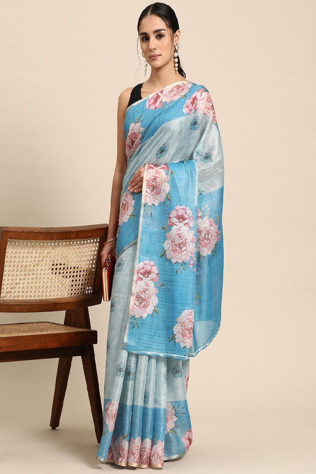 Women's Teal Cotton Silk Floral Saree