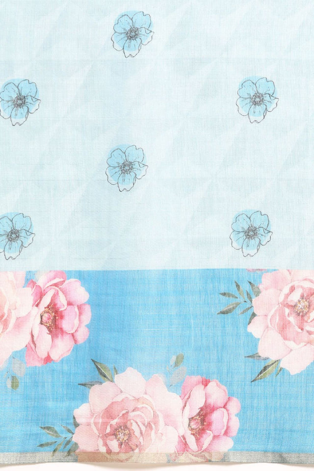 Women's Teal Cotton Silk Floral Saree