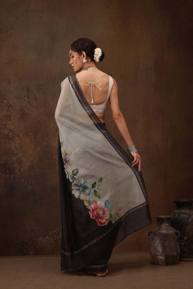 Grey Cotton Blend Floral Printed Saree