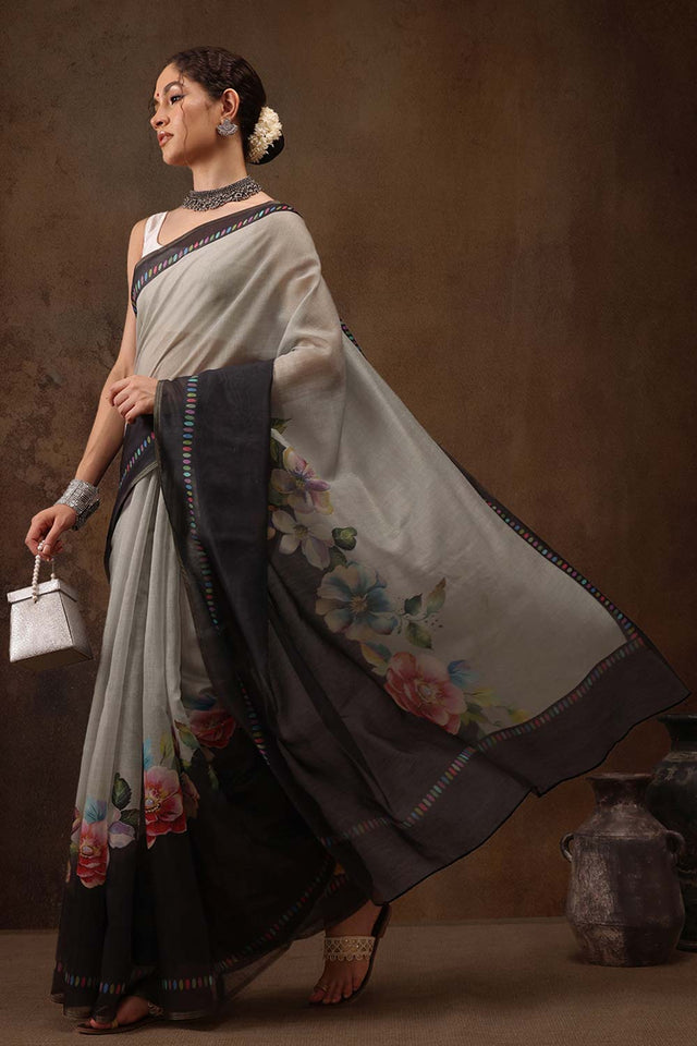 Grey Cotton Blend Floral Printed Saree