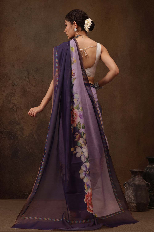 Lavender Cotton Blend Floral Printed Saree