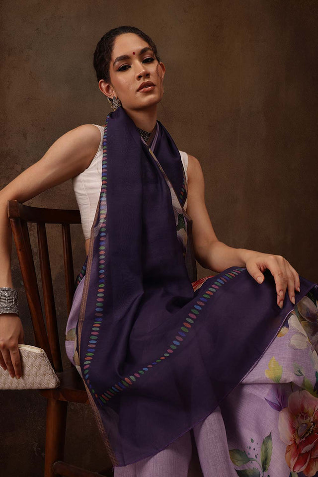 Lavender Cotton Blend Floral Printed Saree