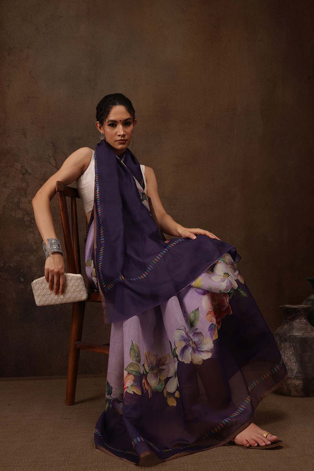 Lavender Cotton Blend Floral Printed Saree