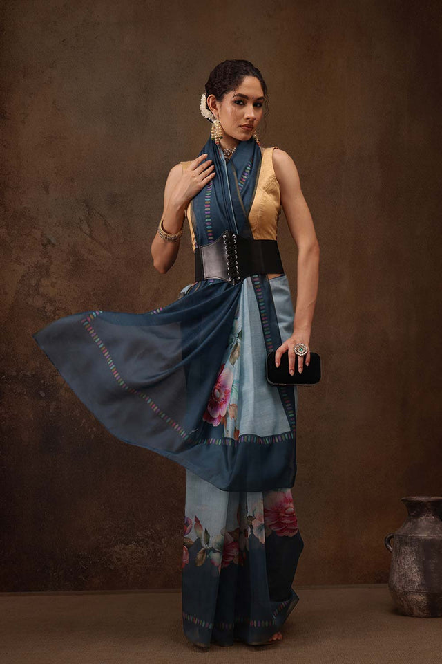 Teal Cotton Blend Floral Printed Saree