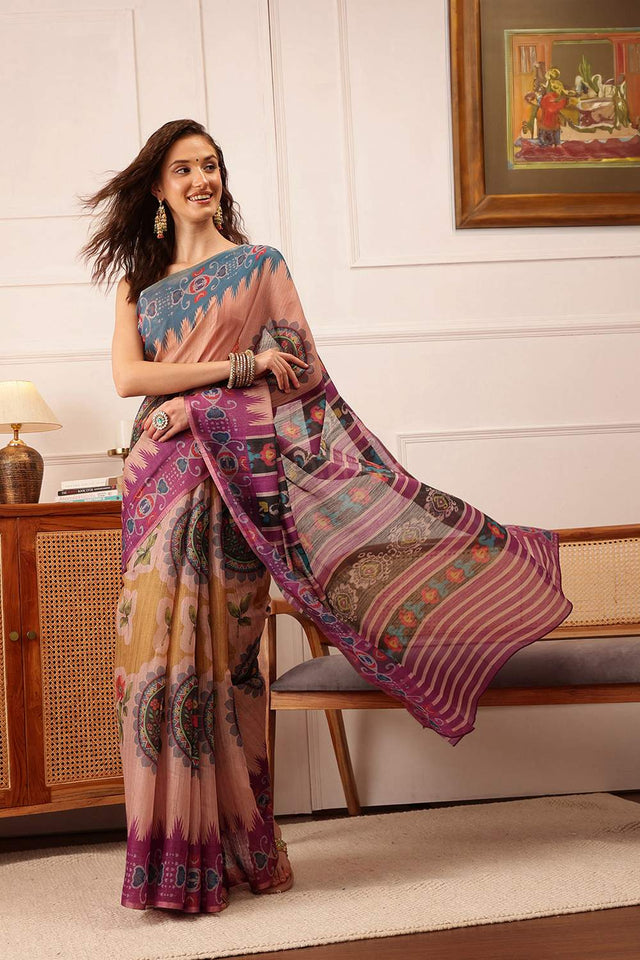 Beige Floral Printed Cotton Blend Saree