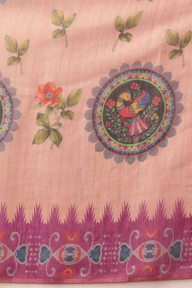 Beige Floral Printed Cotton Blend Saree