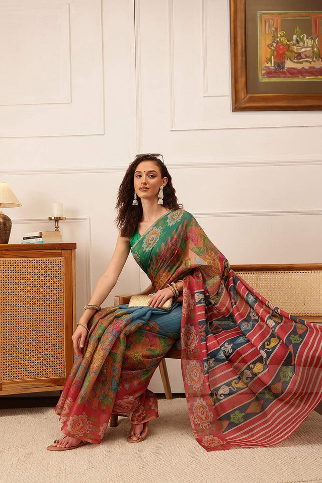 Blue Floral Printed Cotton Blend Saree