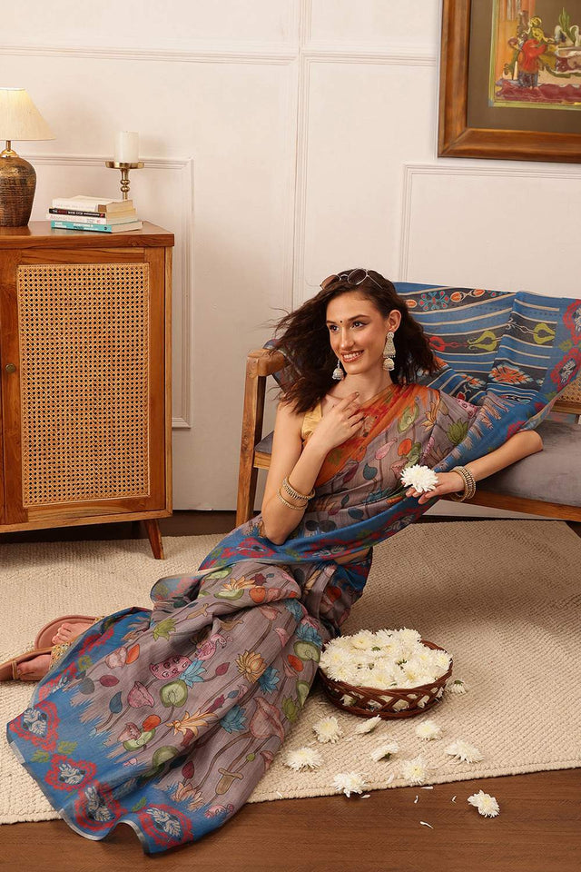 Grey Floral Printed Cotton Blend Saree