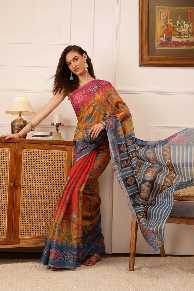 Mustard Floral Printed Cotton Blend Saree