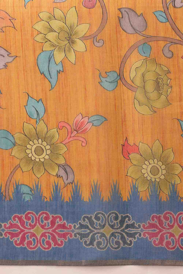 Mustard Floral Printed Cotton Blend Saree