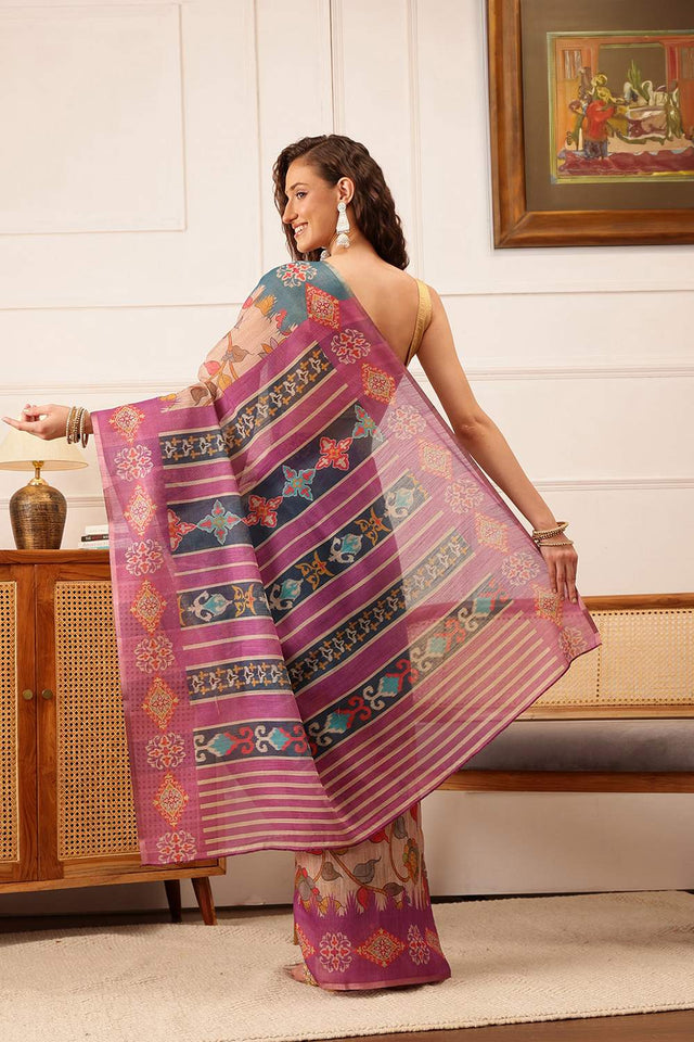Violet Floral Printed Cotton Blend Saree
