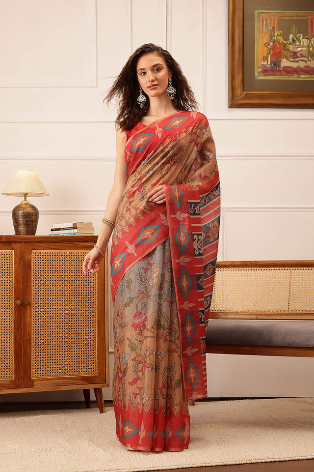 Red Floral Printed Cotton Blend Saree