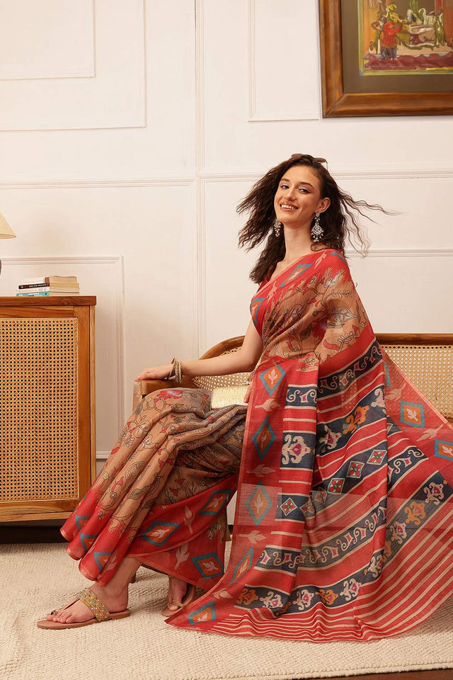 Red Floral Printed Cotton Blend Saree