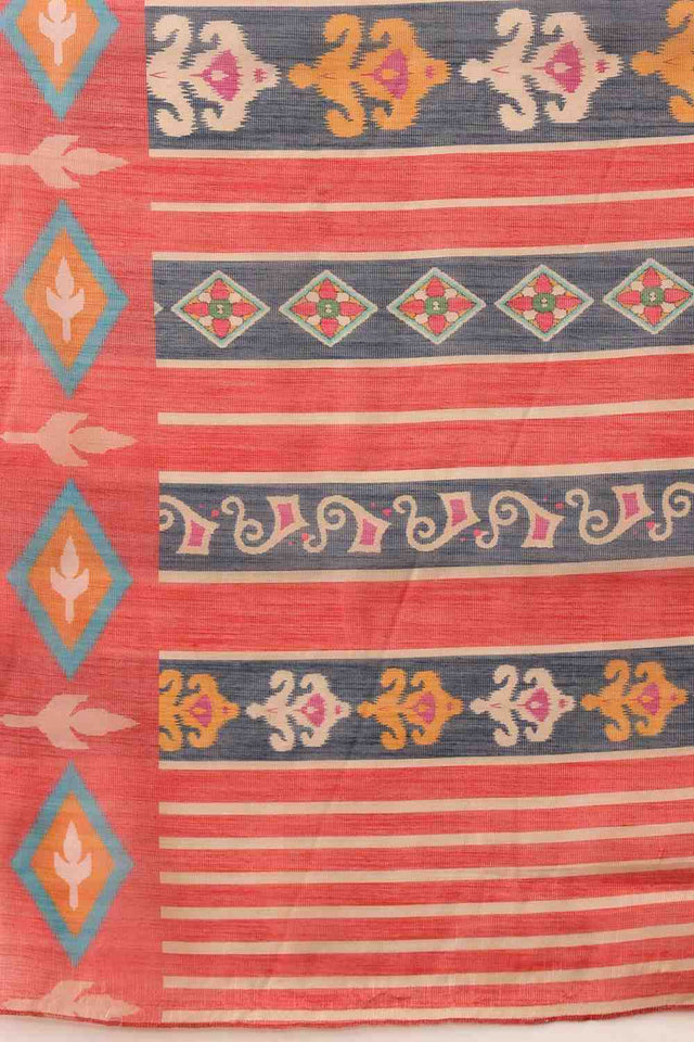 Red Floral Printed Cotton Blend Saree