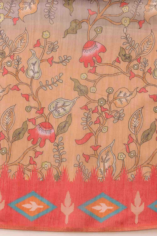 Red Floral Printed Cotton Blend Saree