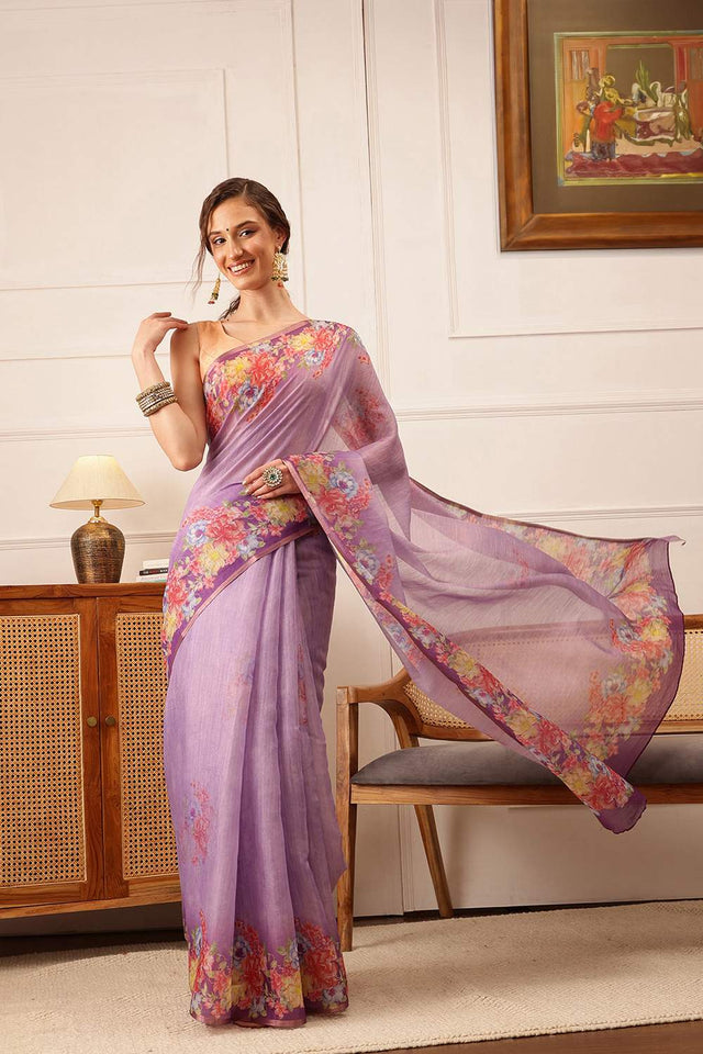 Lavender Floral Printed Cotton Blend Saree