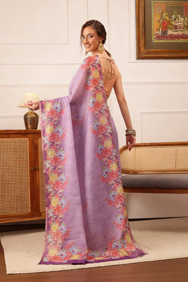 Lavender Floral Printed Cotton Blend Saree