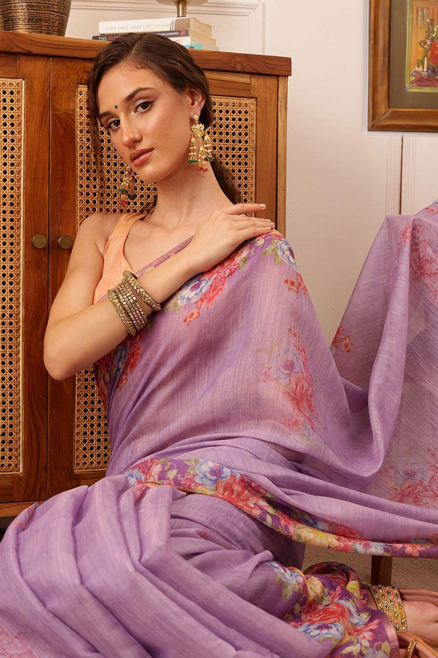 Lavender Floral Printed Cotton Blend Saree