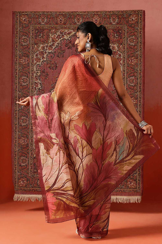 Beige Floral Printed Tissue Saree