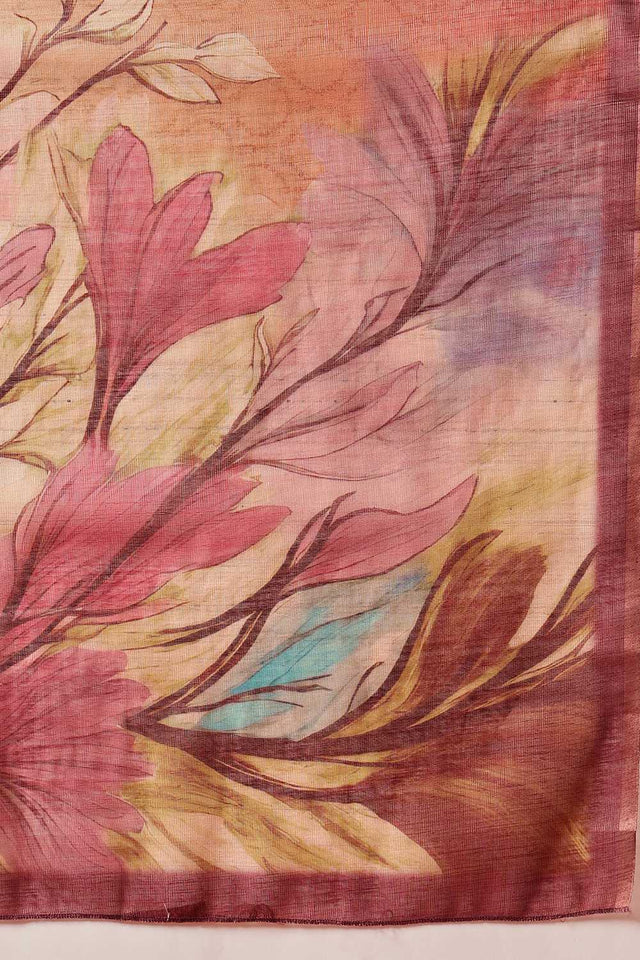 Beige Floral Printed Tissue Saree