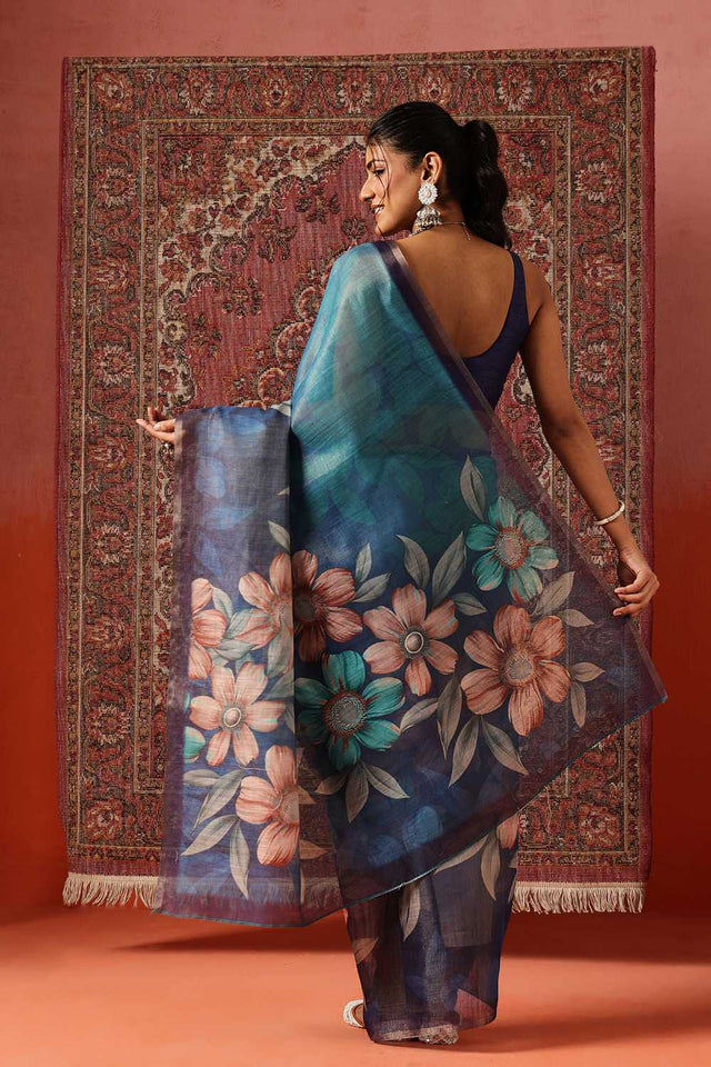 Blue Floral Printed Tissue Saree