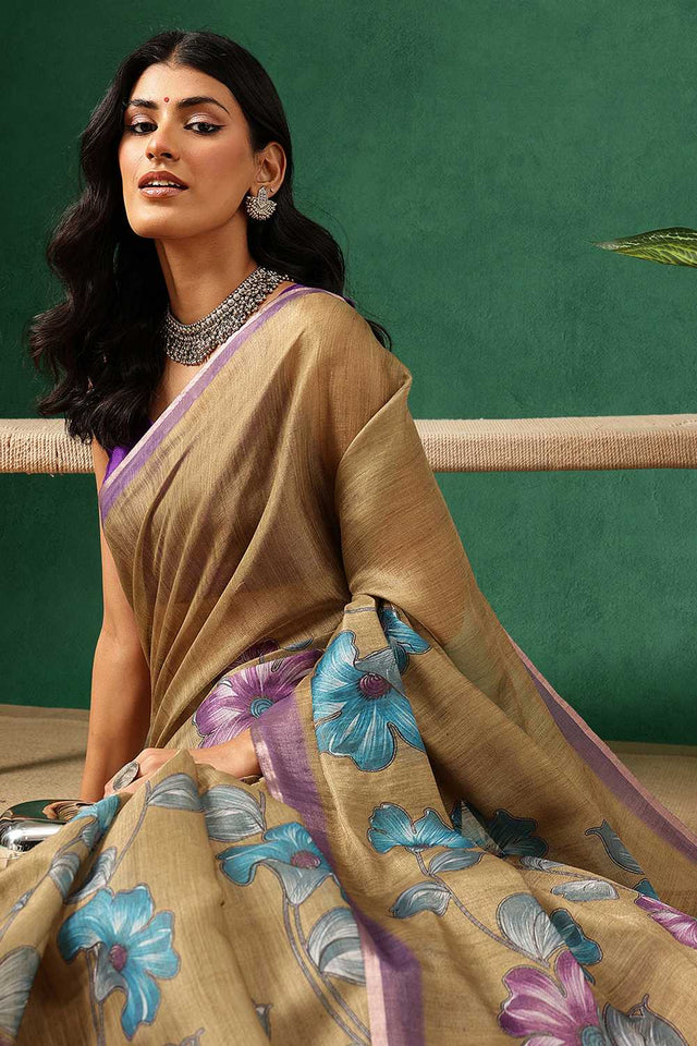 Olive Green Floral Printed Tissue Saree