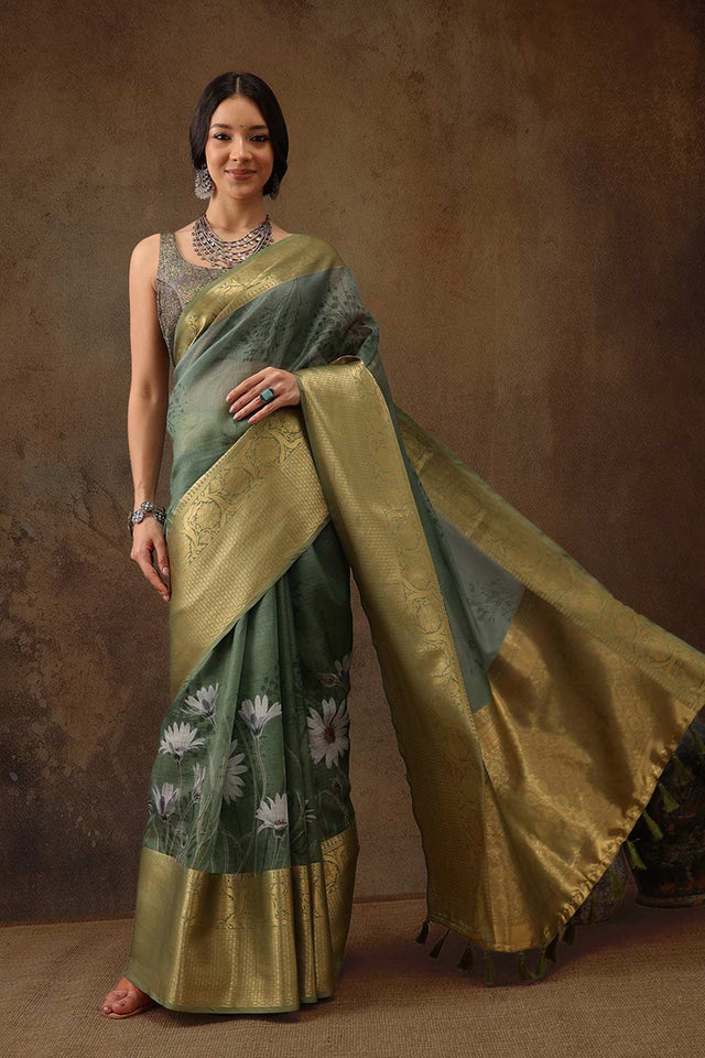 Green Munga Silk Floral Saree