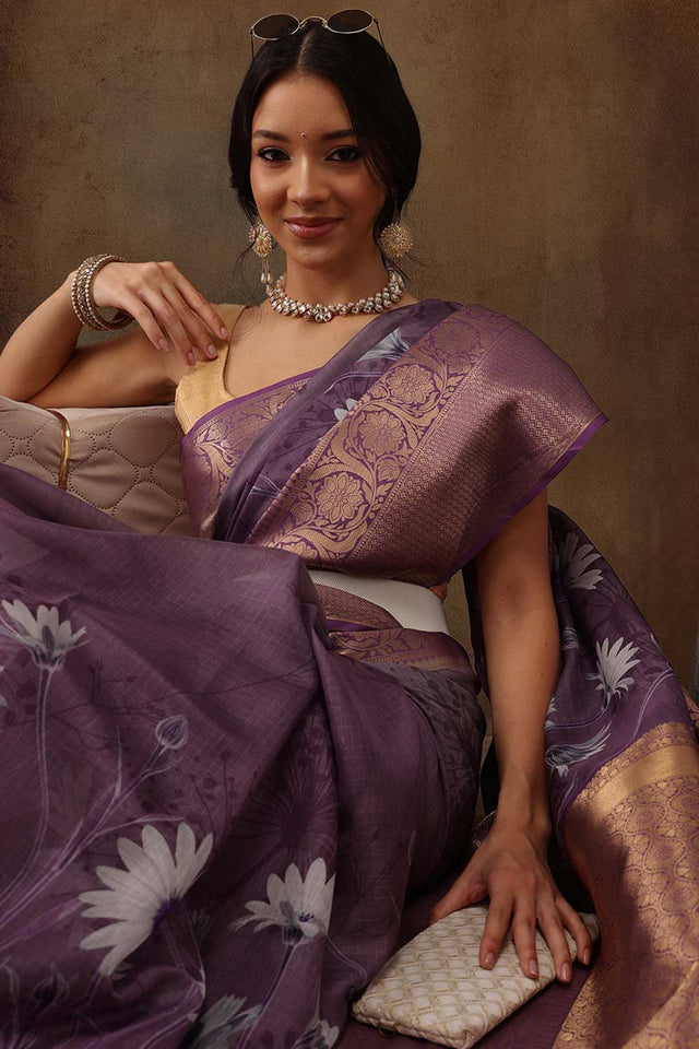 Lavender Munga Silk Floral Saree