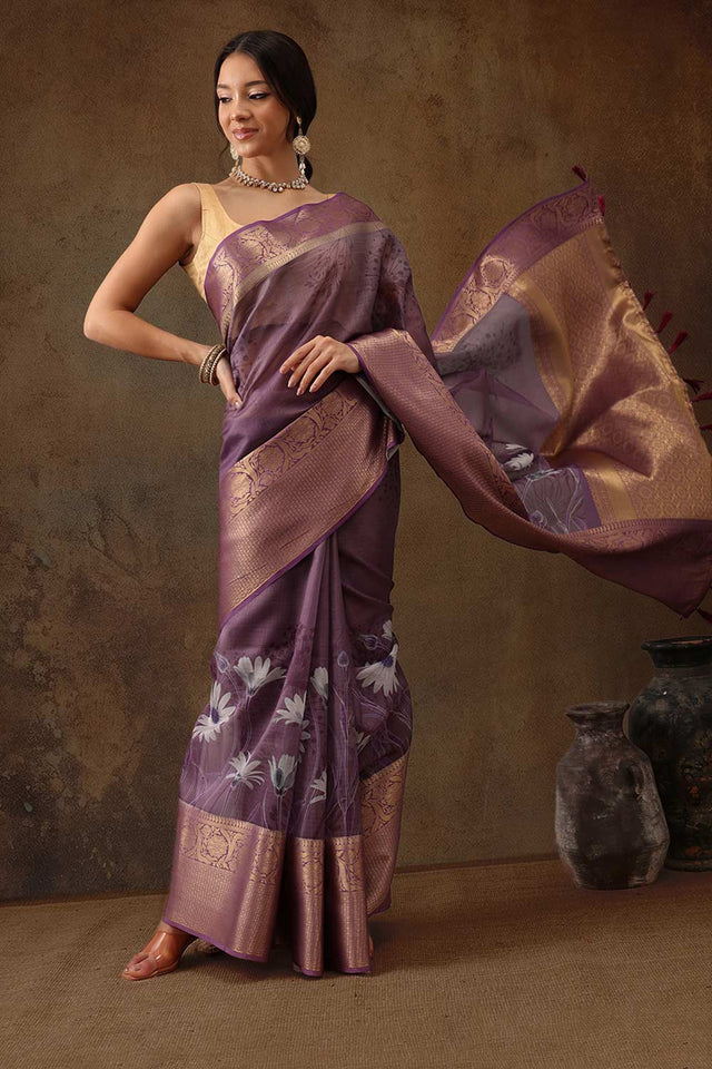 Lavender Munga Silk Floral Saree