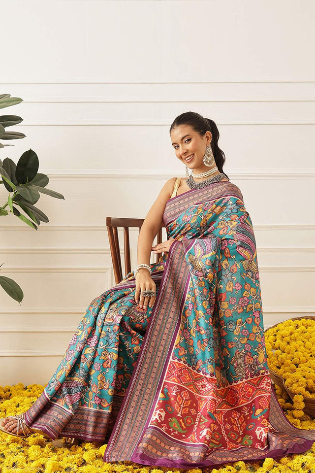 Turquoise Kalamkari Printed Silk Saree (SZ-DGUSHA-TL-3114)