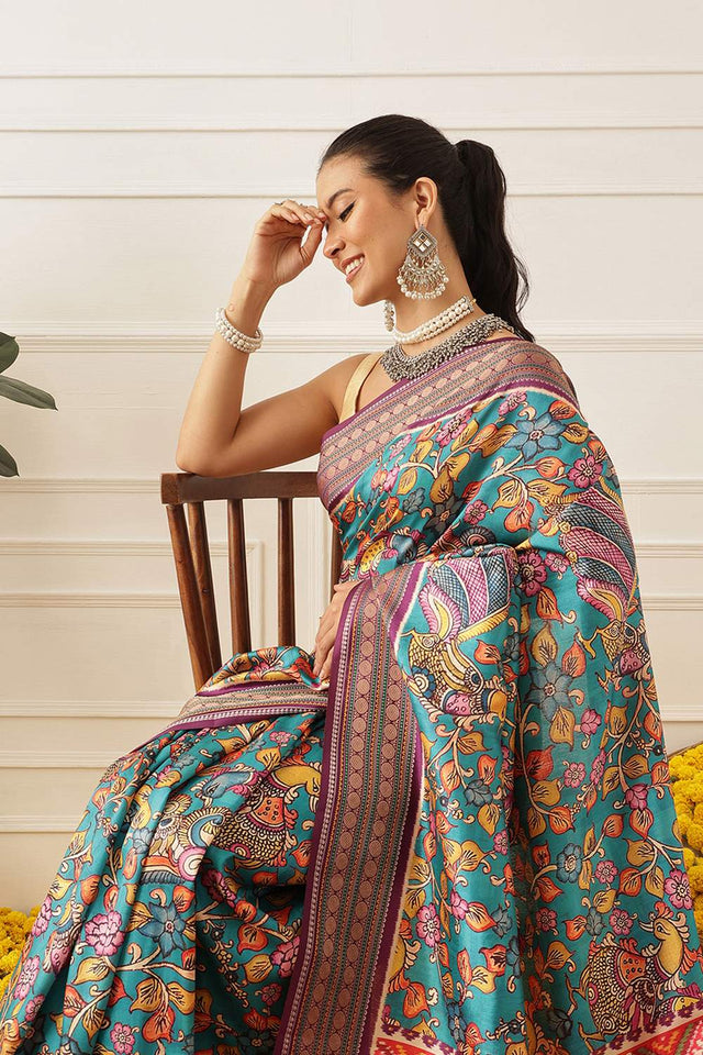 Turquoise Kalamkari Printed Silk Saree (SZ-DGUSHA-TL-3114)