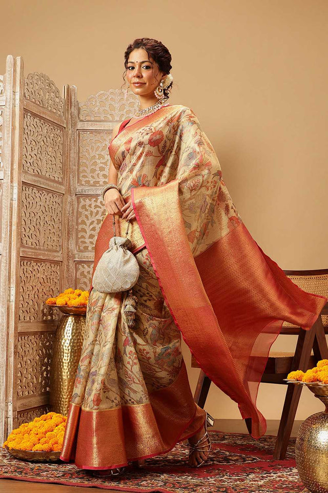 Beige Animal Printed Muga Silk Saree