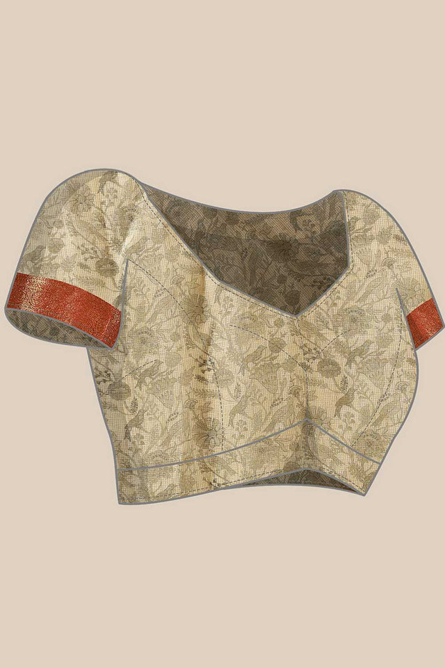 Beige Animal Printed Muga Silk Saree