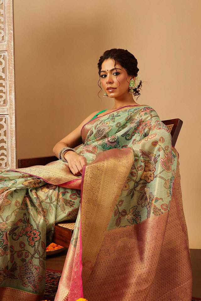 Green Animal Printed Muga Silk Saree