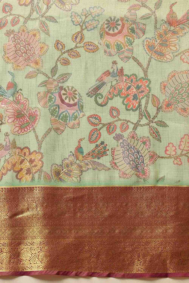 Green Animal Printed Muga Silk Saree