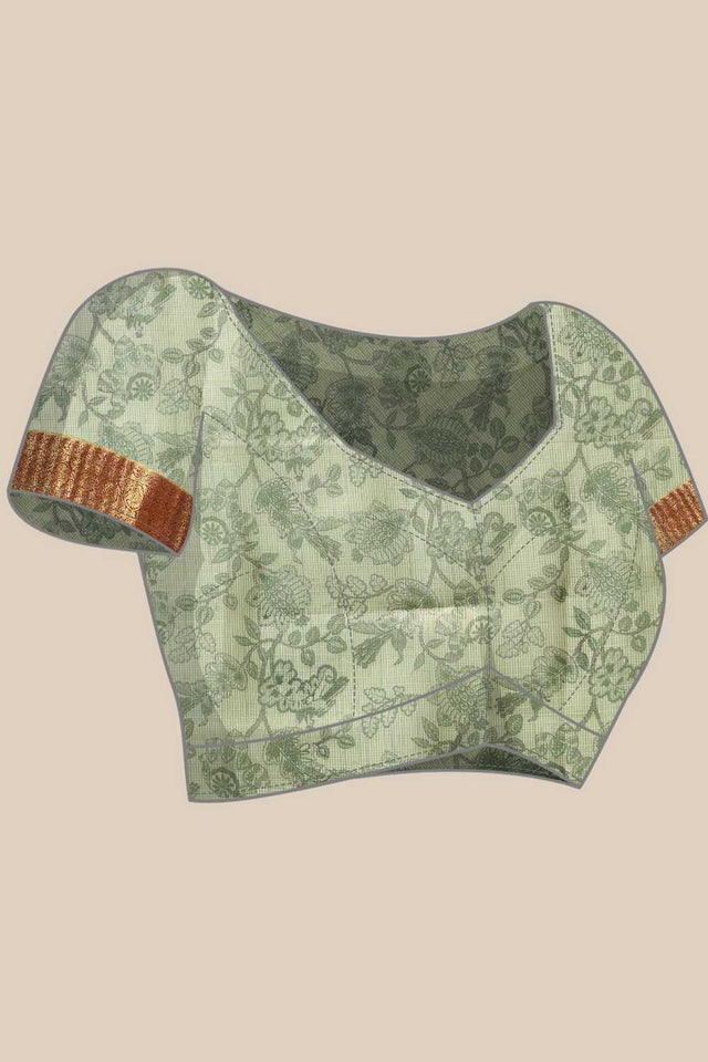 Green Animal Printed Muga Silk Saree