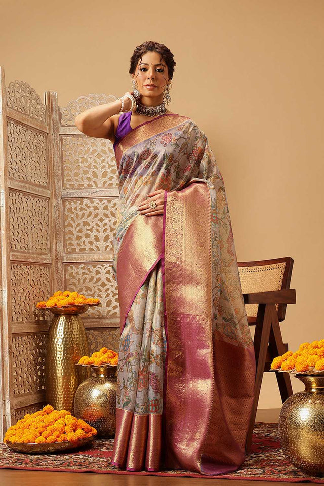 Lavender Animal Printed Muga Silk Saree