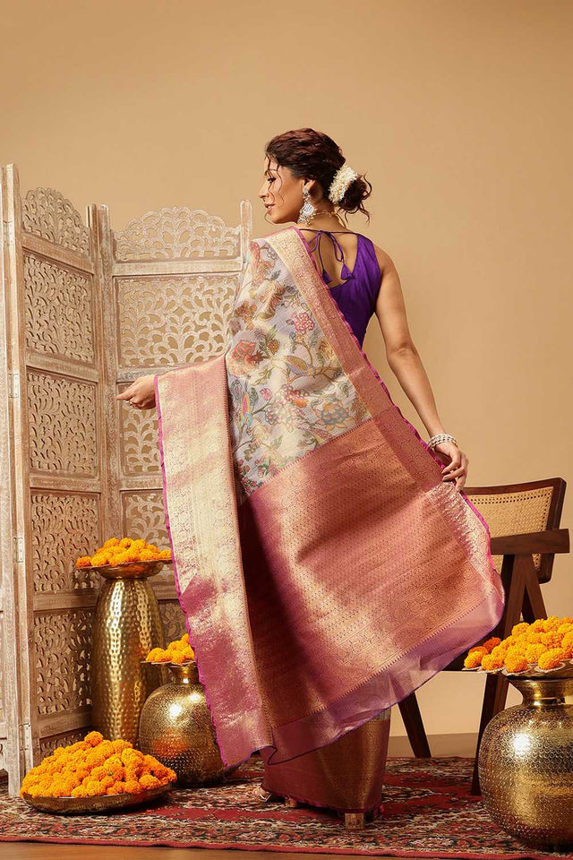 Lavender Animal Printed Muga Silk Saree