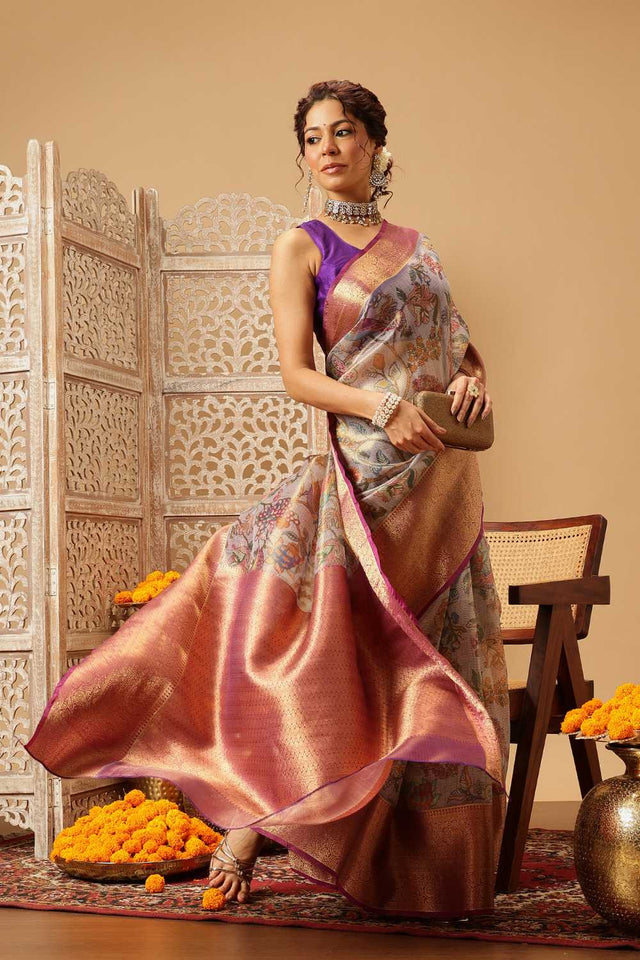 Lavender Animal Printed Muga Silk Saree