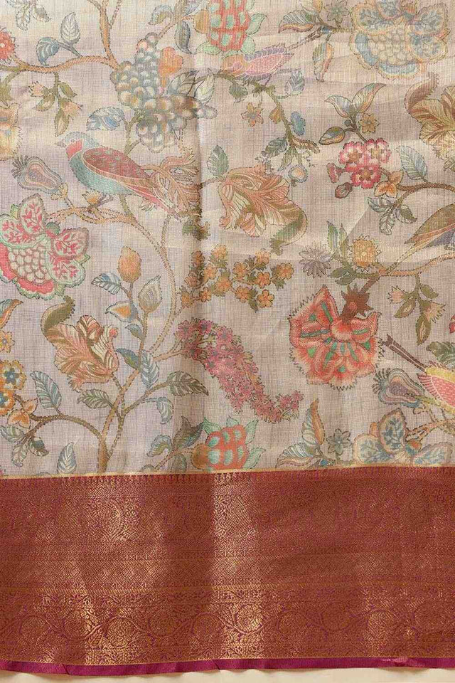 Lavender Animal Printed Muga Silk Saree