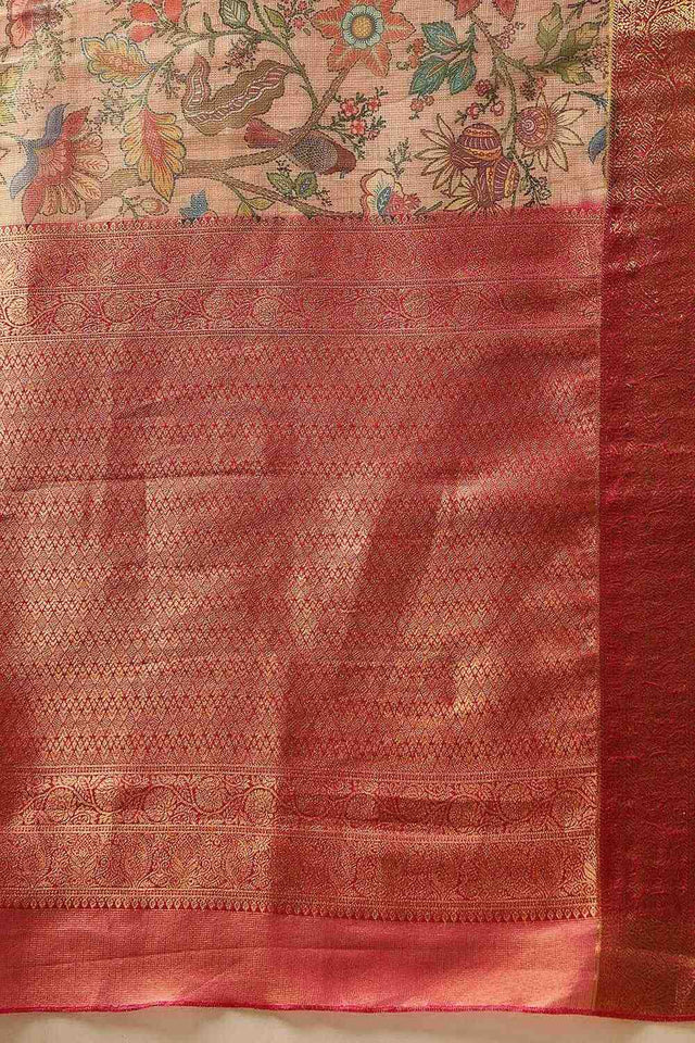 Peach Animal Printed Muga Silk Saree