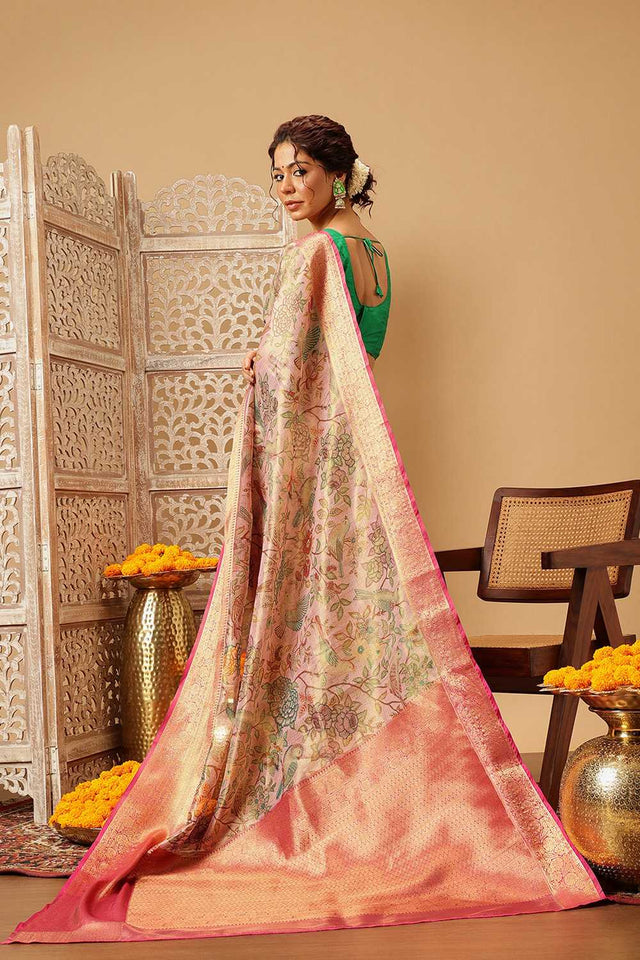 Pink Animal Printed Muga Silk Saree