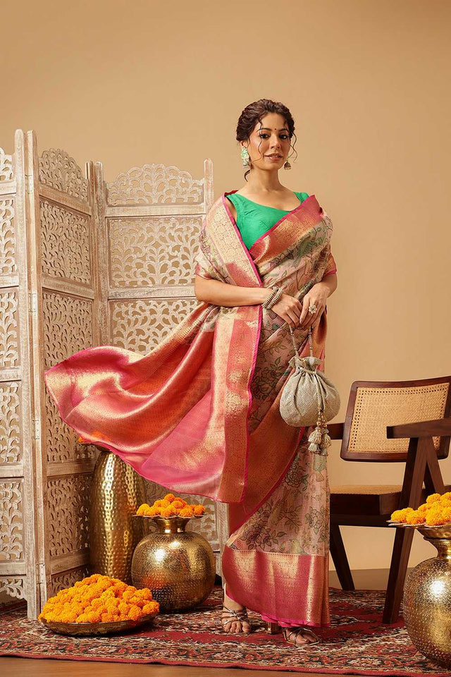 Pink Animal Printed Muga Silk Saree