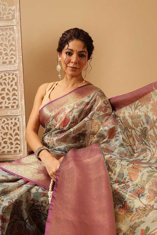 Beige Animal Printed Muga Silk Saree