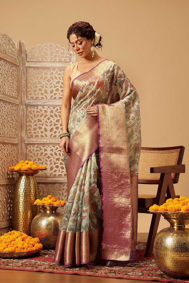 Beige Animal Printed Muga Silk Saree