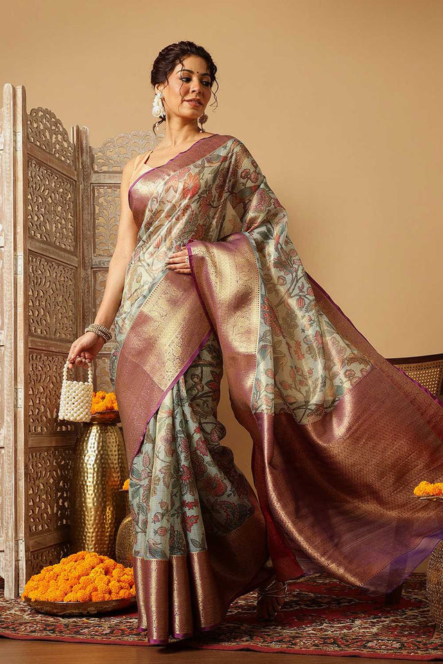 Beige Animal Printed Muga Silk Saree