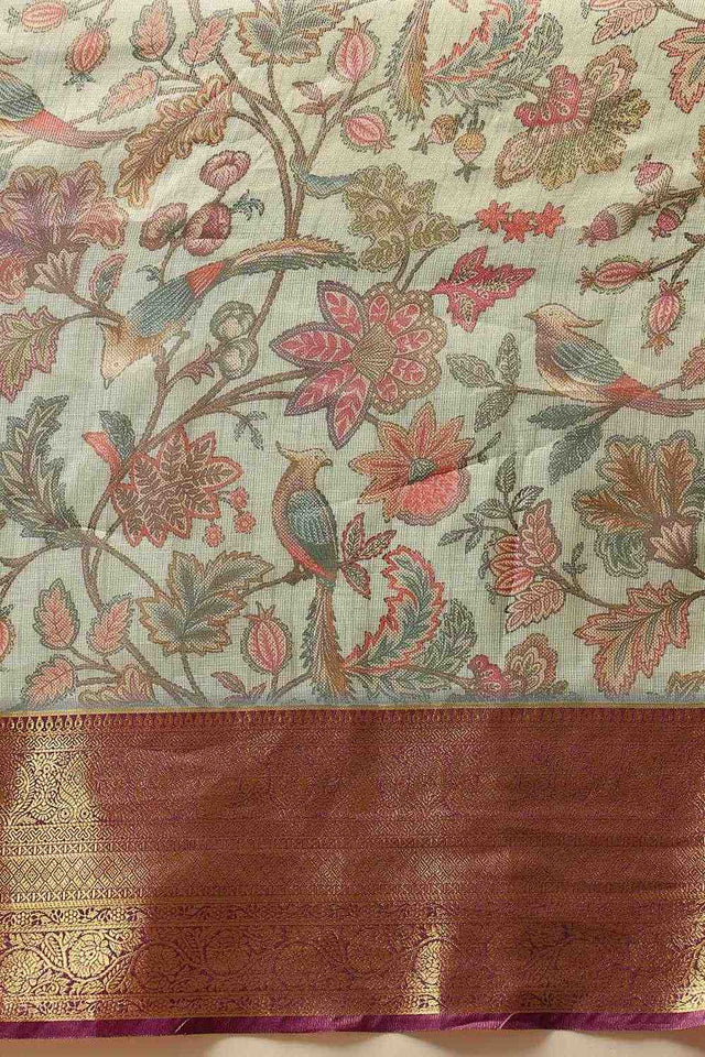 Beige Animal Printed Muga Silk Saree