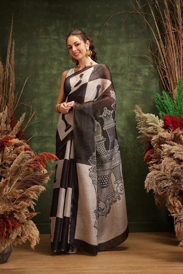 Black Chanderi Abstract Printed Cotton Saree