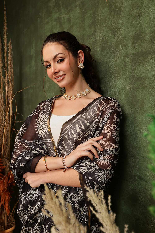 Black Chanderi Warli Printed Cotton Saree