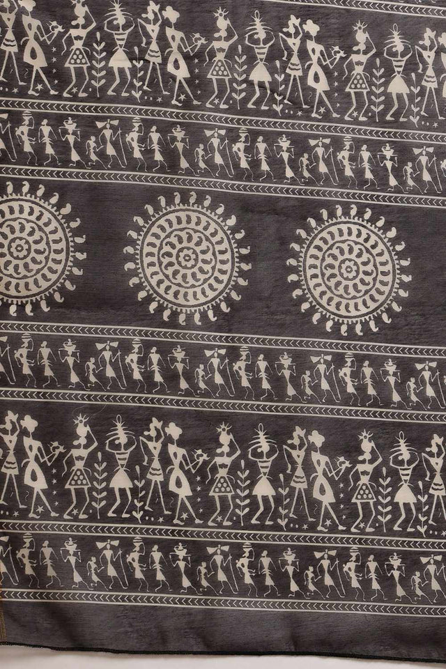 Black Chanderi Warli Printed Cotton Saree